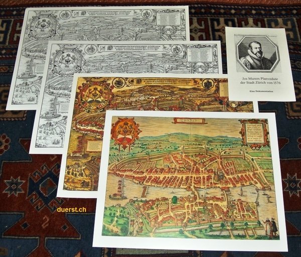 Jos Murer 's Planvedute der Stadt Zürich von 1576 (Gesamtdokumentation mit 4 Kartendrucken)